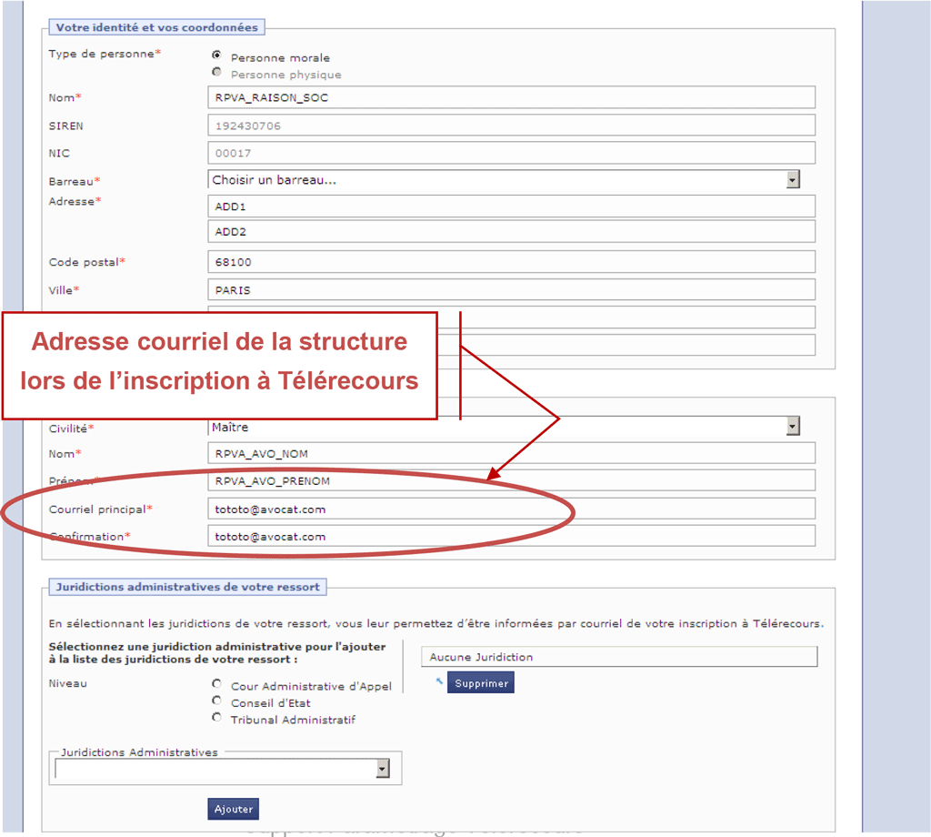 Adresse courriel de la structure lors de l’inscription à Télérecours