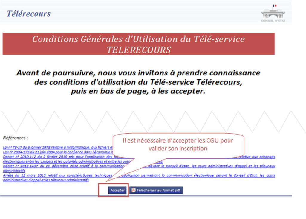 Il est nécessaire d'accepter els CGU pour valider son inscription