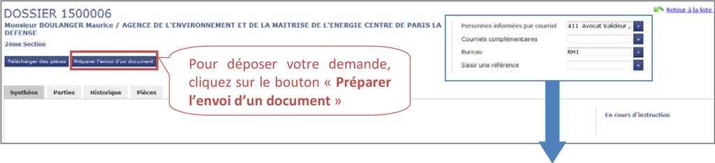 Pour déposer votre demande, cliquez sur le bouton « Préparer l’envoi d’un document ».