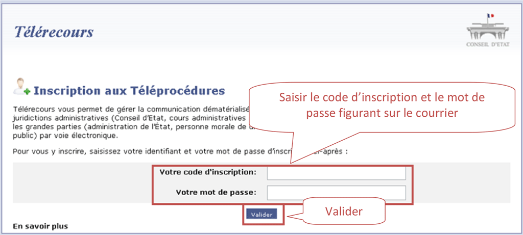 Saisir le code d’inscription et le mot de passe figurant sur le courrier