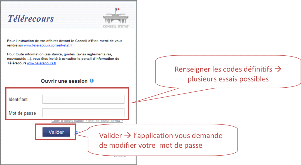 Écran de connexion à Télérecours