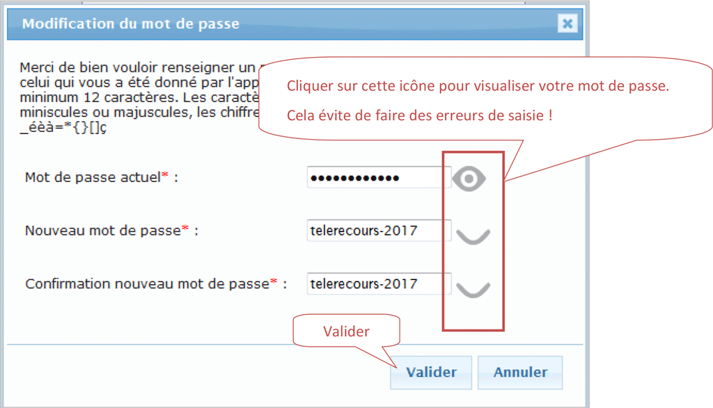 Écran de modification du mot de passe