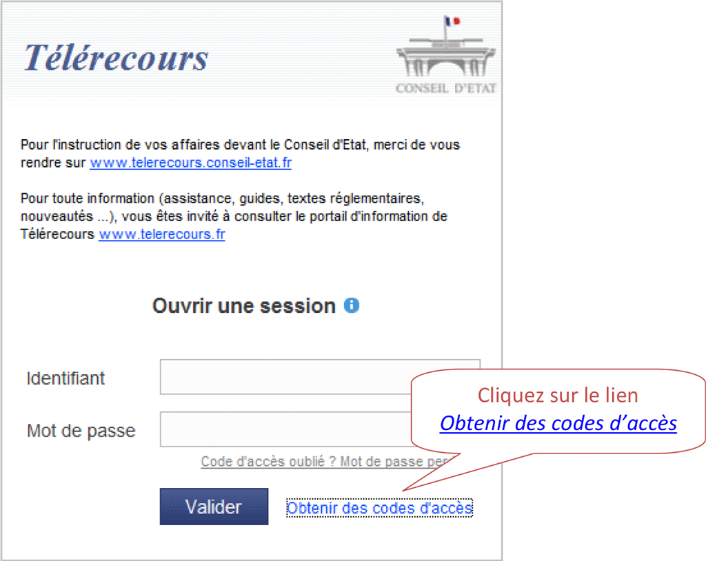 Cliquez sur le lien Obtenir des codes d’accès