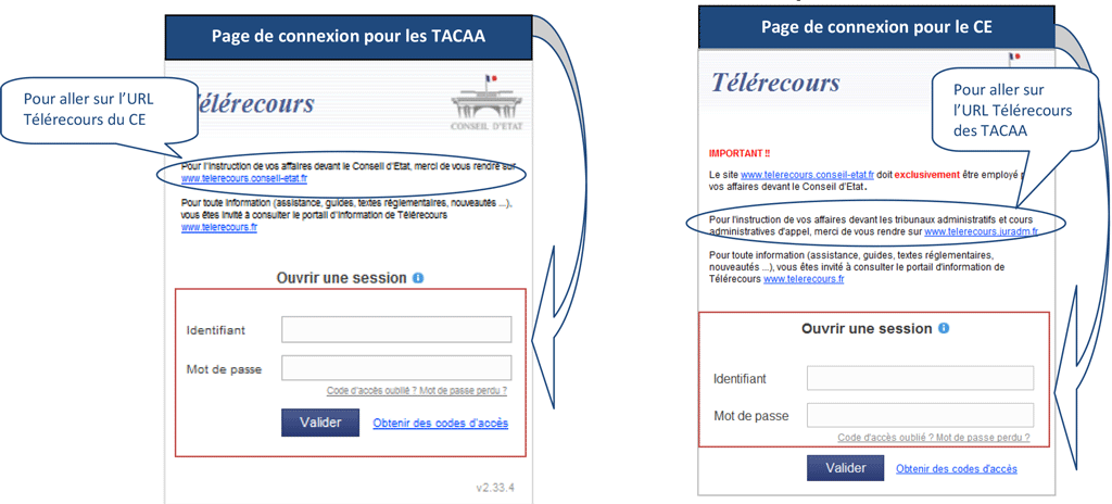 Pages de connexion à Télérecours TACAA et Télérecours CE